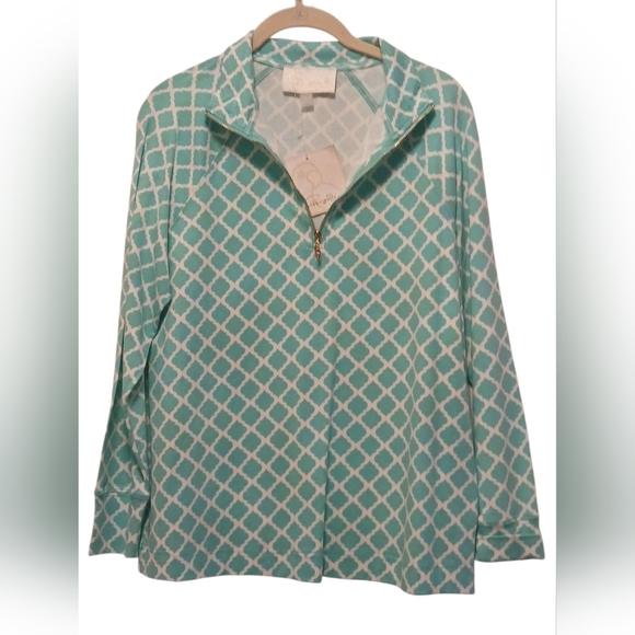 Pappagallo - NWT, Turquoise & White Diamond Print, Long Sleeve Pullover Warm-up - Picture 3 of 11